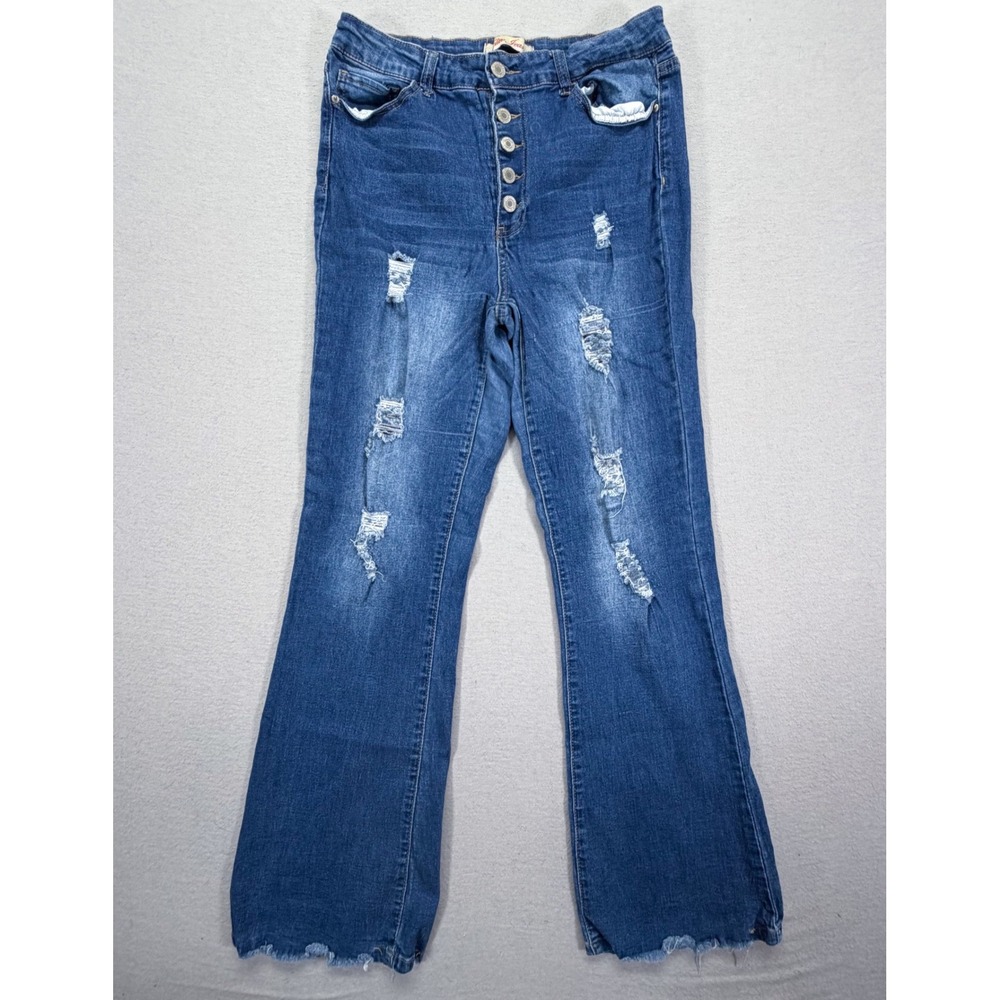 Elite Jeans Womens Flare Regular Blue Distressed Button Fly 15/32